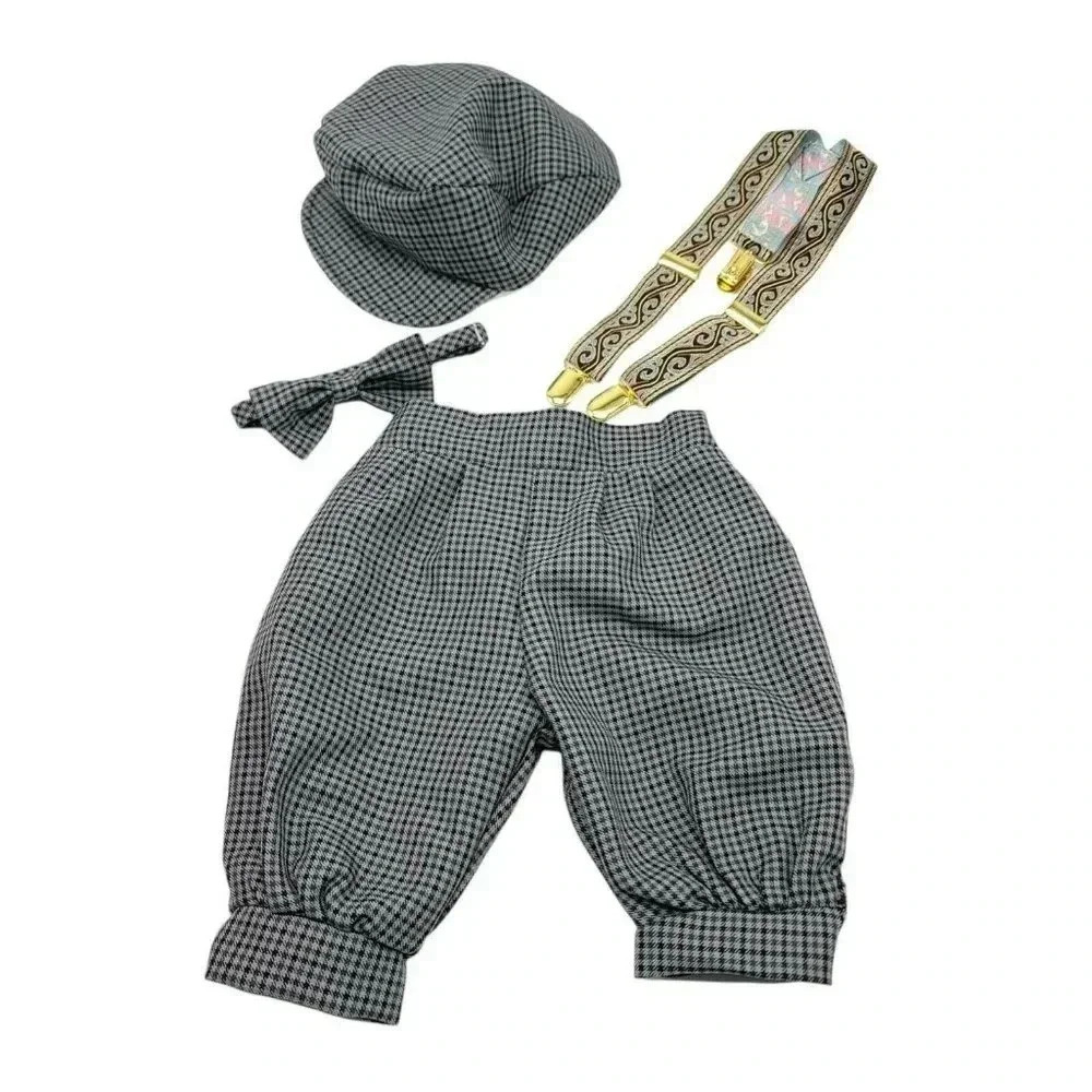 Retro Plaid Paperboy Costume Outfit With Accessories Hat Pants Tie Suspenders